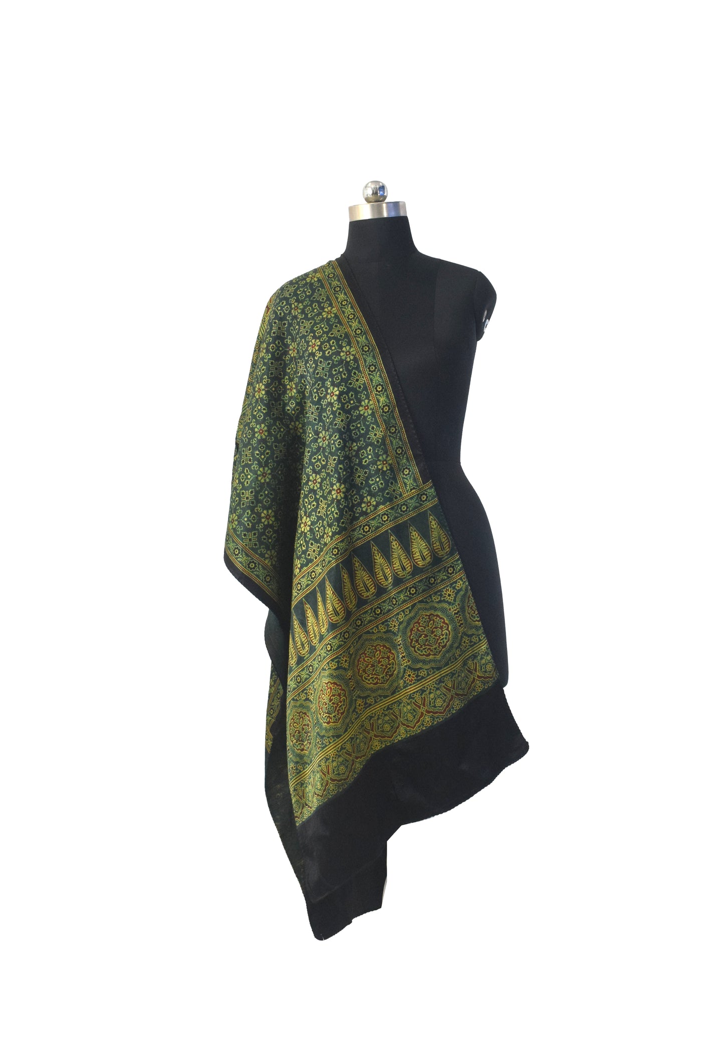 Ajrakh Mashru Silk Natural Dye Three Colour Print | 3 Kam | Screen Hand Printed Stole  - 2.1 Mtr Length   -  SKU : JH29701I