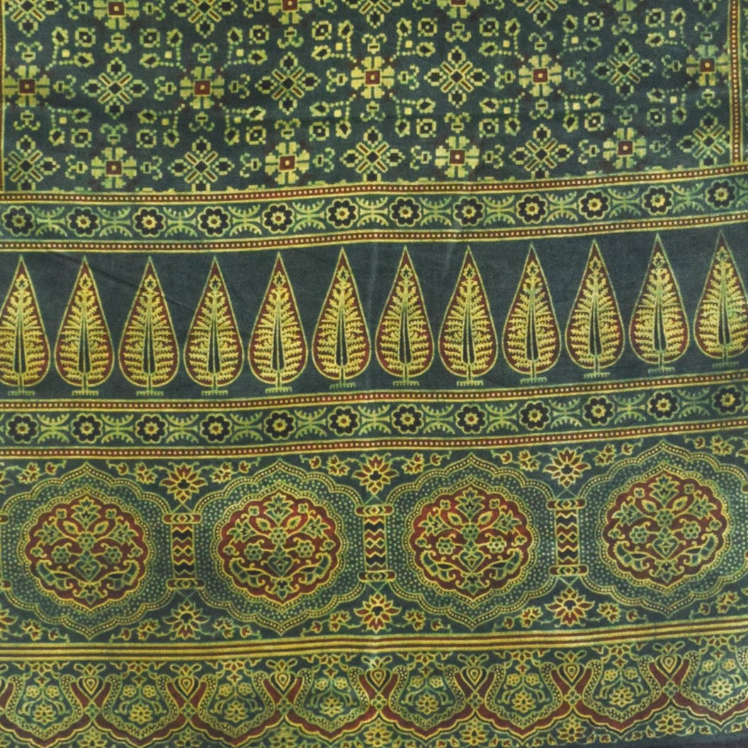 Ajrakh Mashru Silk Natural Dye Three Colour Print | 3 Kam | Screen Hand Printed Stole  - 2.1 Mtr Length   -  SKU : JH29701I