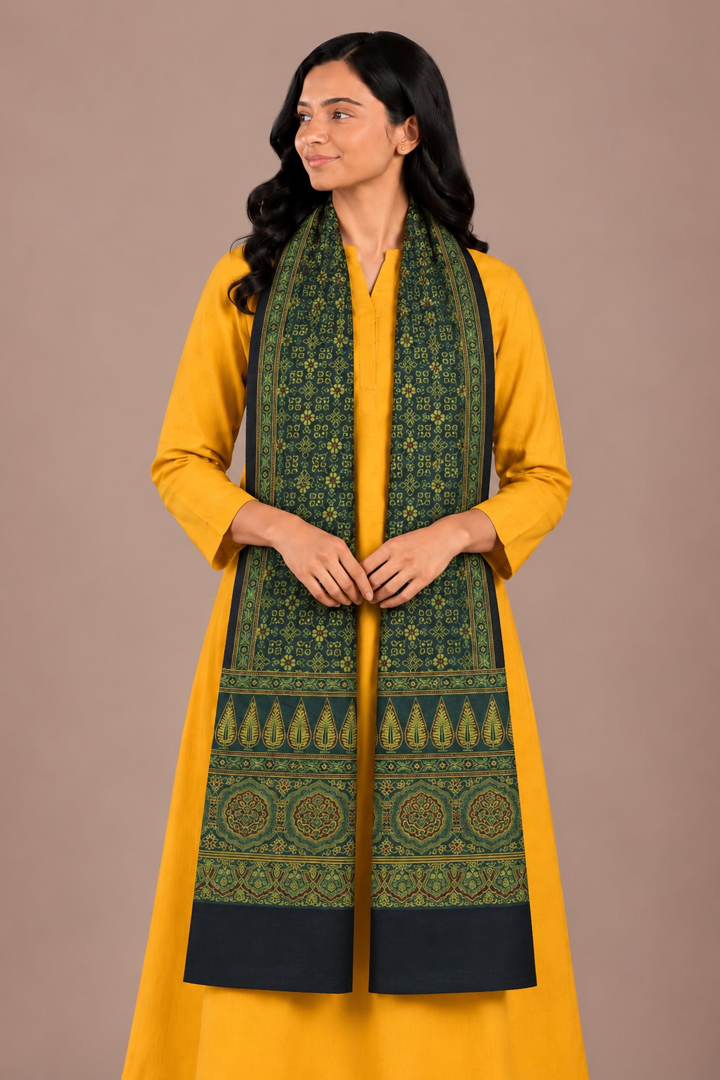 Ajrakh Mashru Silk Natural Dye Three Colour Print | 3 Kam | Screen Hand Printed Stole  - 2.1 Mtr Length   -  SKU : JH29701I