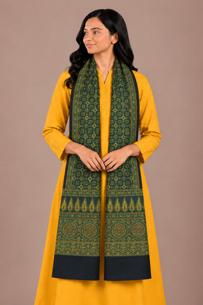 Ajrakh Mashru Silk Natural Dye Three Colour Print | 3 Kam | Screen Hand Printed Stole  - 2.1 Mtr Length   -  SKU : JH29701I