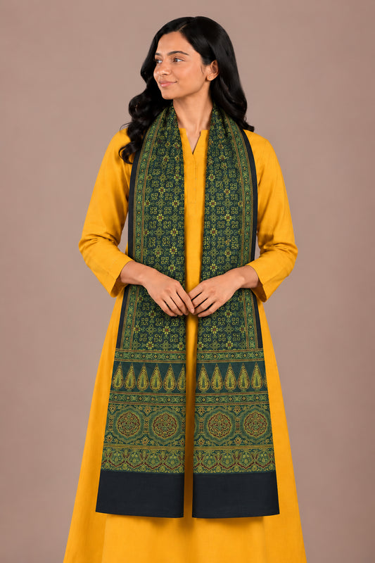 Ajrakh Mashru Silk Natural Dye Three Colour Print | 3 Kam | Screen Hand Printed Stole  - 2.1 Mtr Length   -  SKU : JH29701I