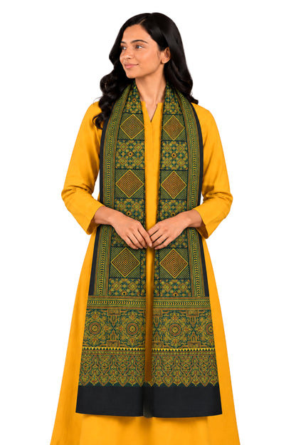Ajrakh Mashru Silk Natural Dye Three Colour Print | 3 Kam | Screen Hand Printed Stole  - 2.1 Mtr Length   -  SKU : JH29701U