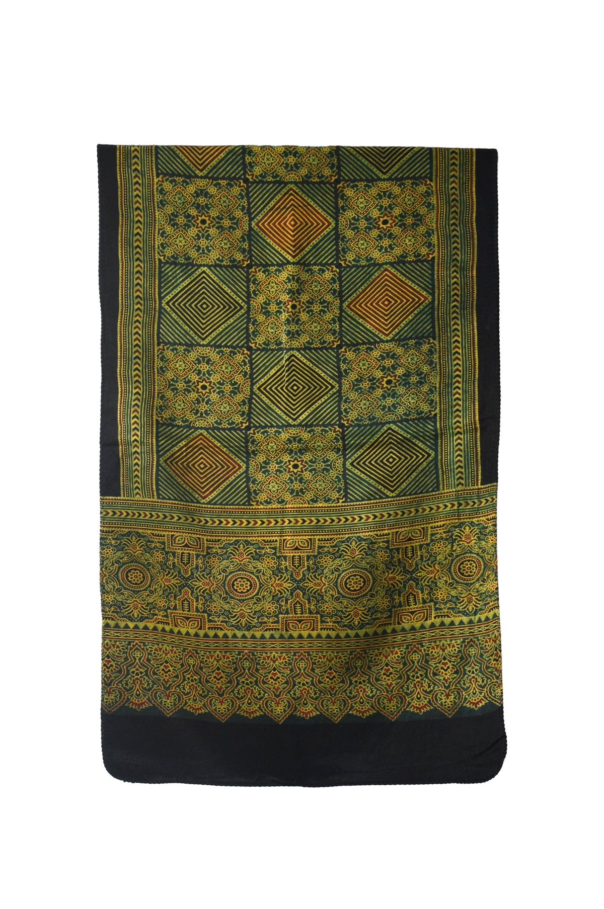 Ajrakh Mashru Silk Natural Dye Three Colour Print | 3 Kam | Screen Hand Printed Stole  - 2.1 Mtr Length   -  SKU : JH29701U
