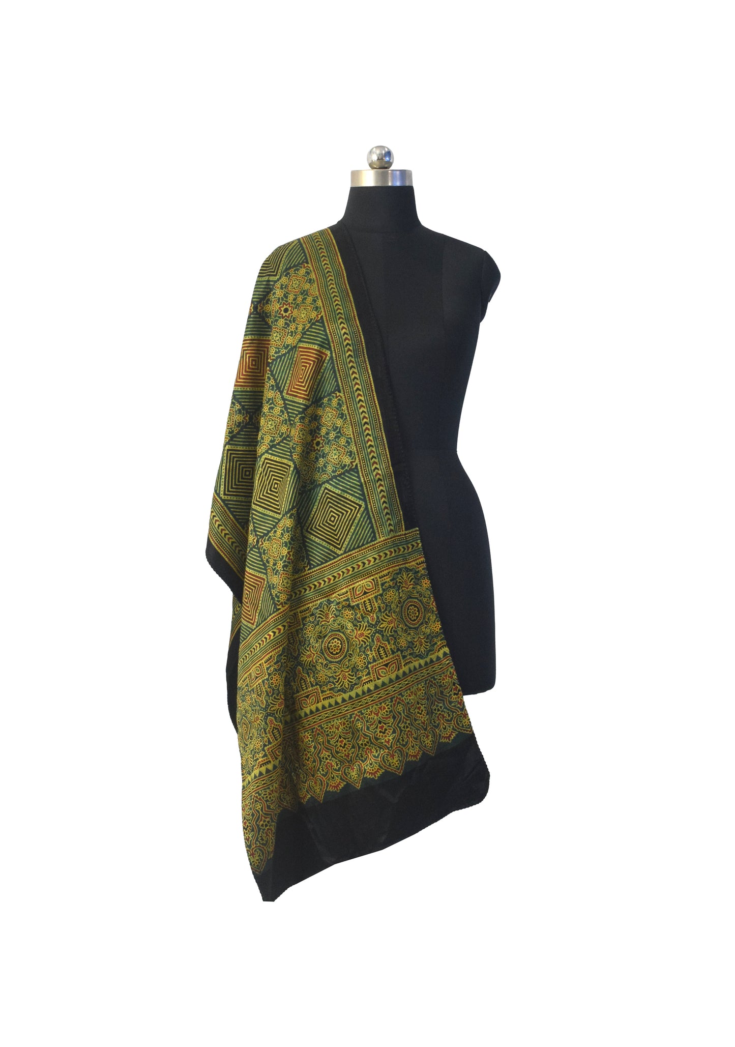 Ajrakh Mashru Silk Natural Dye Three Colour Print | 3 Kam | Screen Hand Printed Stole  - 2.1 Mtr Length   -  SKU : JH29701U