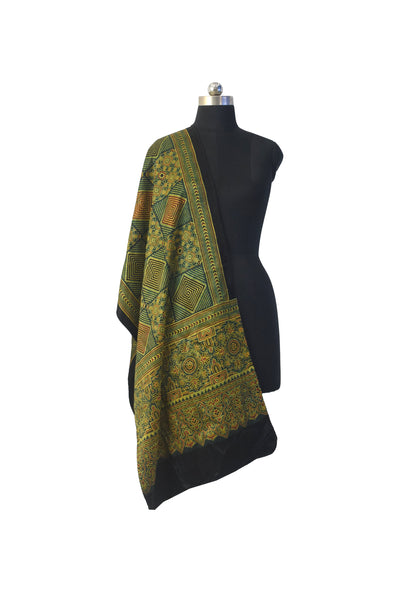 Ajrakh Mashru Silk Natural Dye Three Colour Print | 3 Kam | Screen Hand Printed Stole  - 2.1 Mtr Length   -  SKU : JH29701U