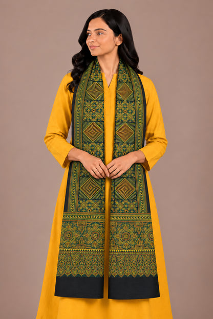 Ajrakh Mashru Silk Natural Dye Three Colour Print | 3 Kam | Screen Hand Printed Stole  - 2.1 Mtr Length   -  SKU : JH29701U