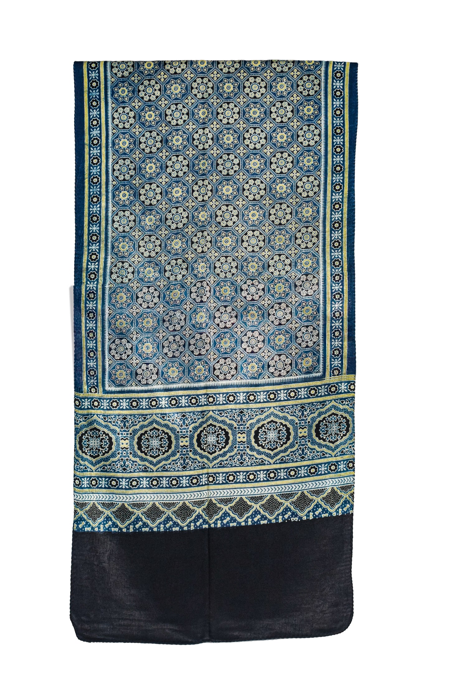 Ajrakh Mashru Silk Natural Dye Three Colour Print ( 3 Kam ) Screen Print Hand Printed Stole  - 2.1 Mtr Length    -  SKU : JH02C01L