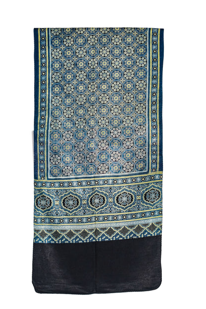Ajrakh Mashru Silk Natural Dye Three Colour Print ( 3 Kam ) Screen Print Hand Printed Stole  - 2.1 Mtr Length    -  SKU : JH02C01L