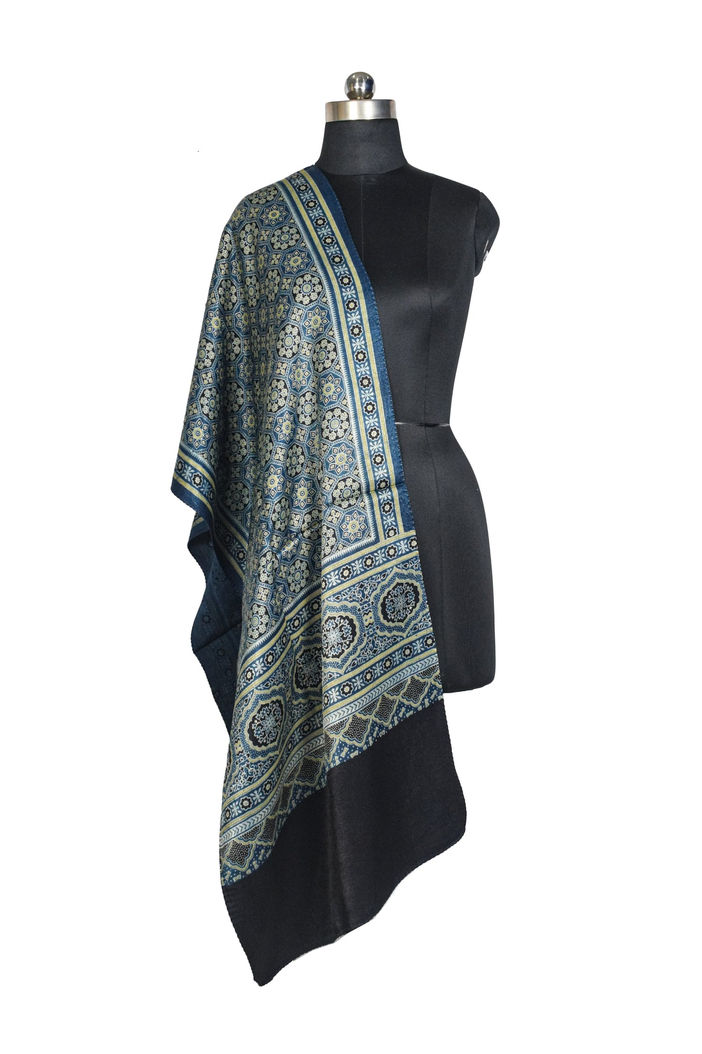 Ajrakh Mashru Silk Natural Dye Three Colour Print ( 3 Kam ) Screen Print Hand Printed Stole  - 2.1 Mtr Length    -  SKU : JH02C01L