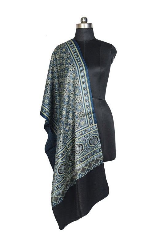 Ajrakh Mashru Silk Natural Dye Three Colour Print ( 3 Kam ) Screen Print Hand Printed Stole  - 2.1 Mtr Length    -  SKU : JH02C01L