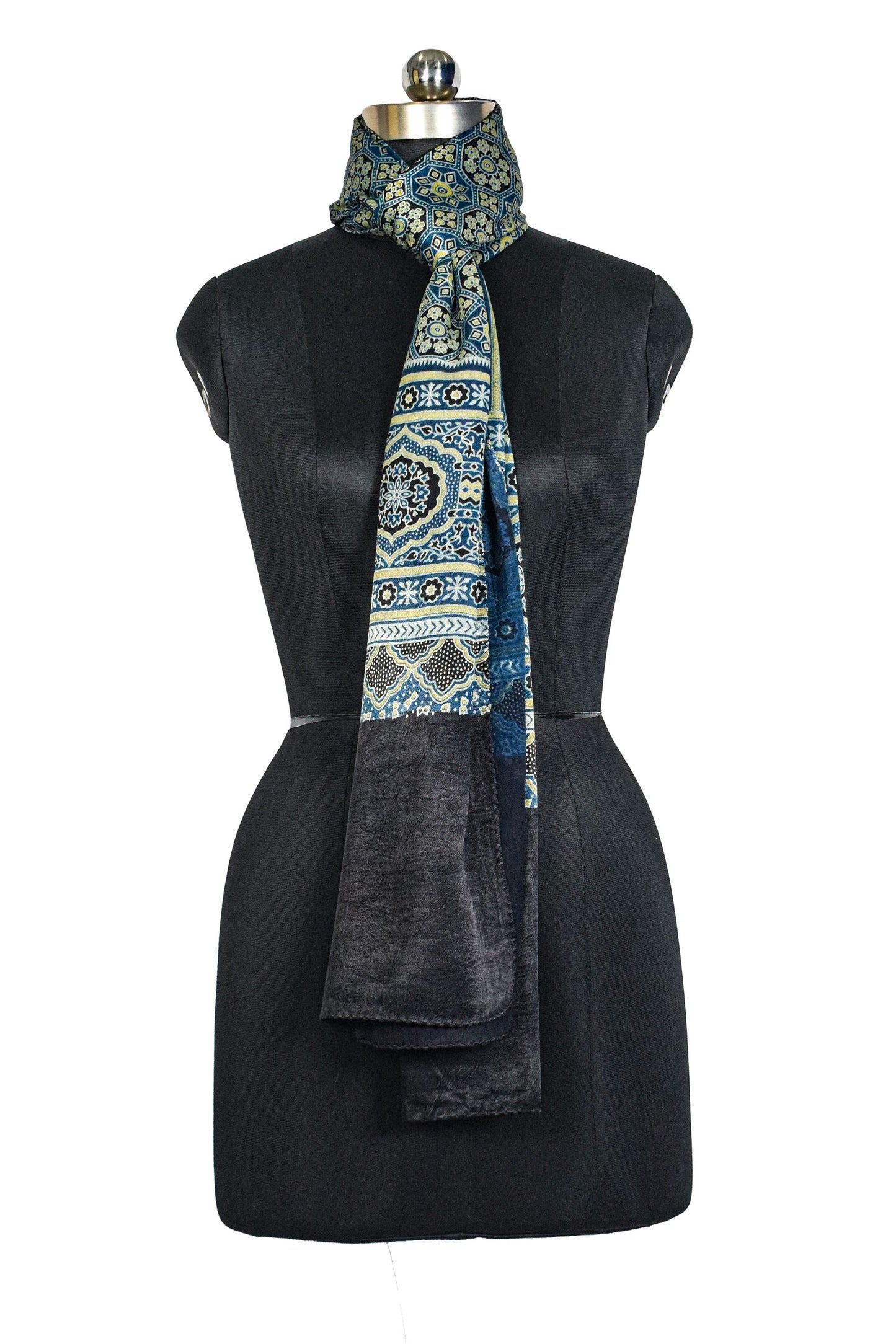 Ajrakh Mashru Silk Natural Dye Three Colour Print ( 3 Kam ) Screen Print Hand Printed Stole  - 2.1 Mtr Length    -  SKU : JH02C01L