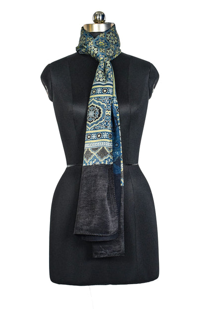 Ajrakh Mashru Silk Natural Dye Three Colour Print ( 3 Kam ) Screen Print Hand Printed Stole  - 2.1 Mtr Length    -  SKU : JH02C01L