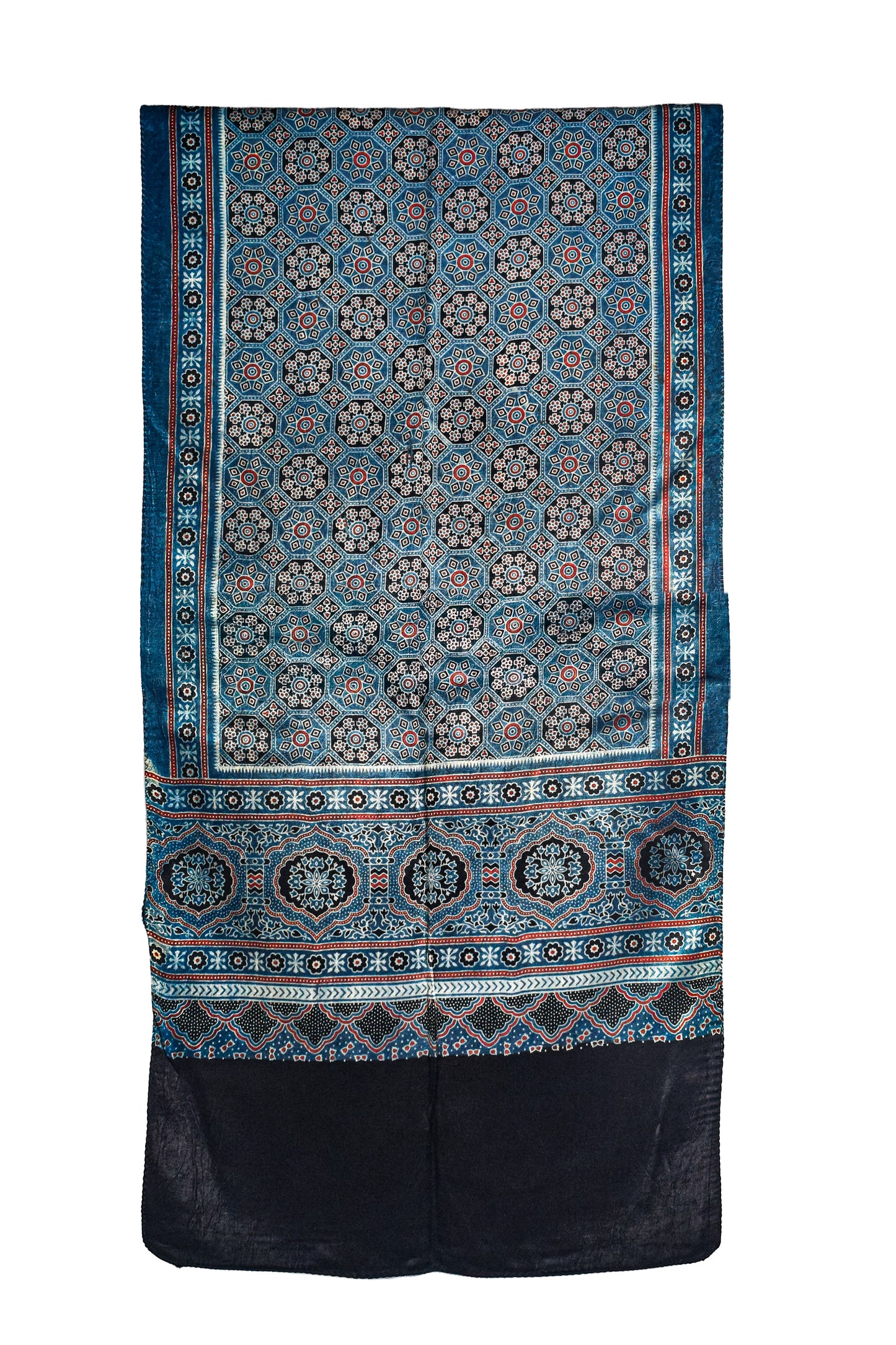 Ajrakh Mashru Silk Natural Dye Three Colour Print ( 3 Kam ) Screen Print Hand Printed Stole  - 2.1 Mtr Length    -  SKU : JH02C01R