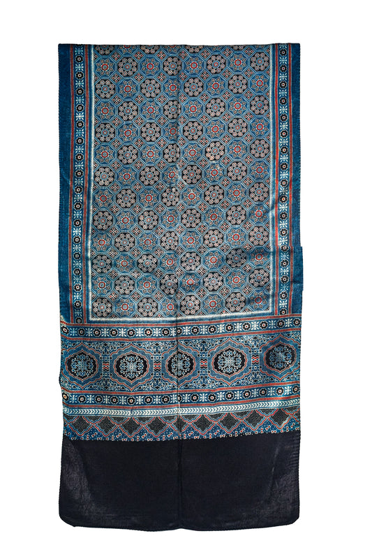 Ajrakh Mashru Silk Natural Dye Three Colour Print ( 3 Kam ) Screen Print Hand Printed Stole  - 2.1 Mtr Length    -  SKU : JH02C01R