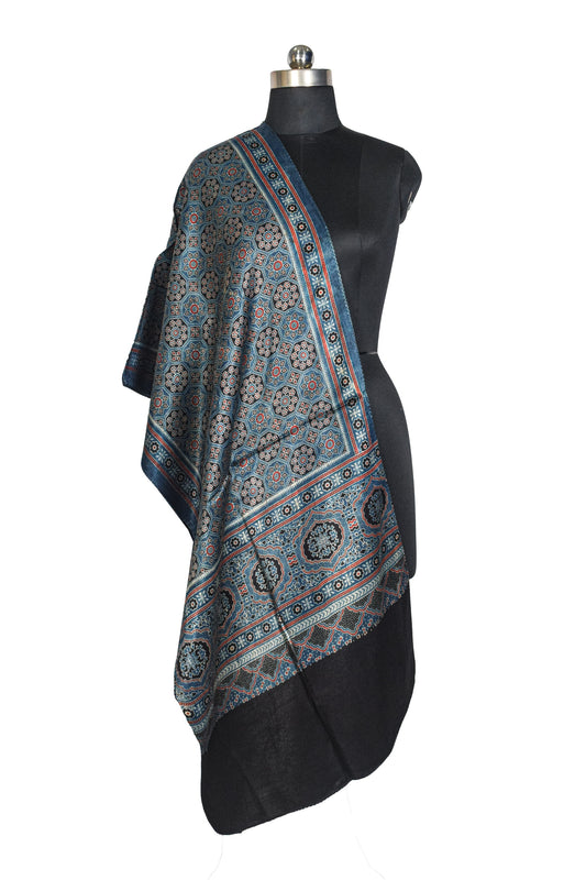 Ajrakh Mashru Silk Natural Dye Three Colour Print ( 3 Kam ) Screen Print Hand Printed Stole  - 2.1 Mtr Length    -  SKU : JH02C01R