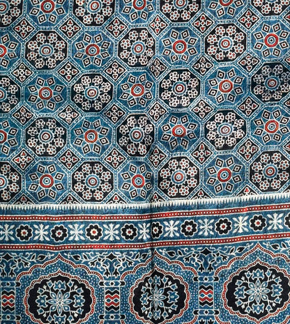 Ajrakh Mashru Silk Natural Dye Three Colour Print ( 3 Kam ) Screen Print Hand Printed Stole  - 2.1 Mtr Length    -  SKU : JH02C01R