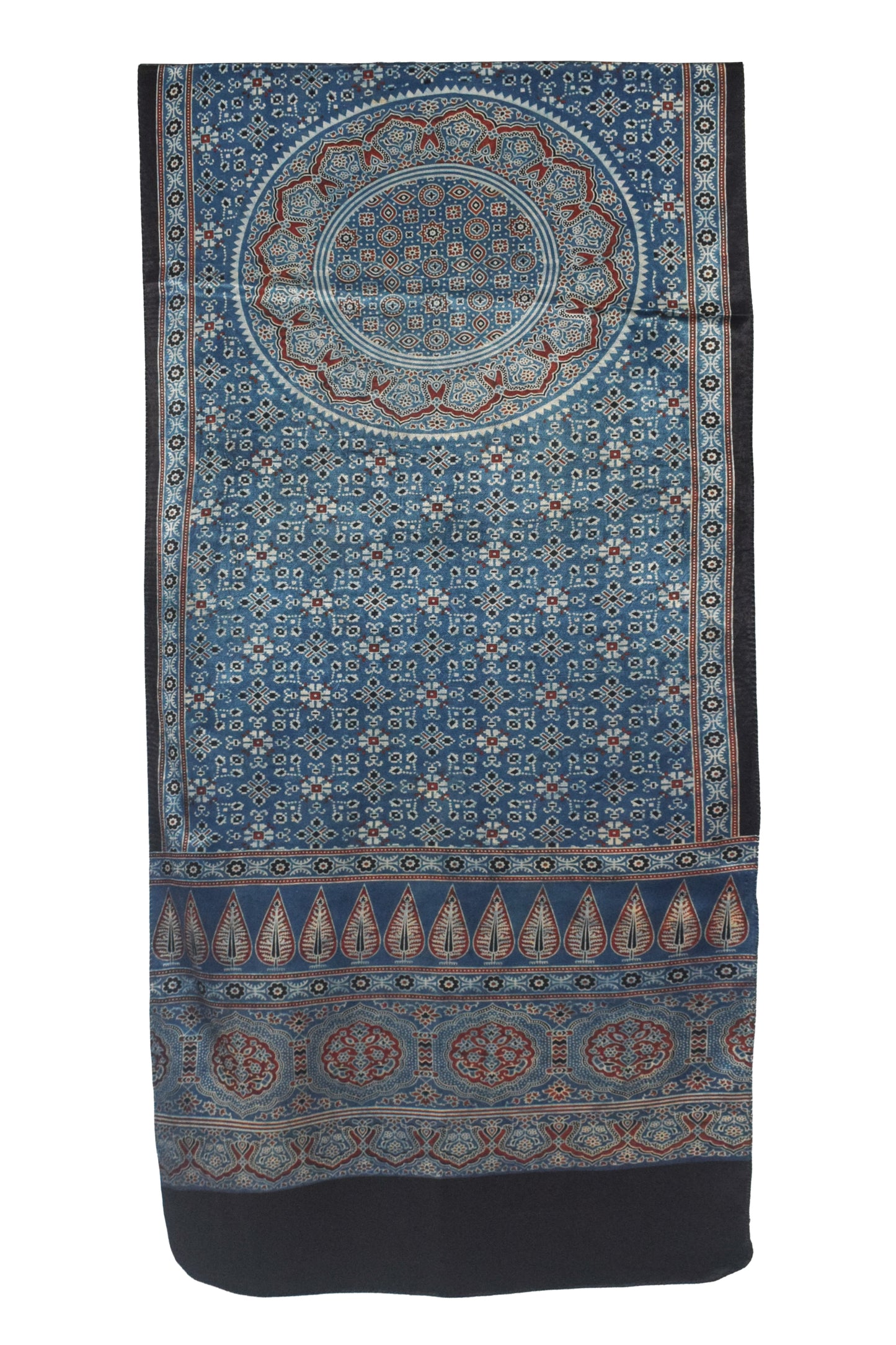 Ajrakh Mashru Silk Natural Dye Three Colour Print | 3 Kam | Screen Hand Printed Stole  - 2.1 Mtr Length   -  SKU : JH29701C