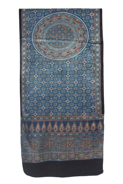 Ajrakh Mashru Silk Natural Dye Three Colour Print | 3 Kam | Screen Hand Printed Stole  - 2.1 Mtr Length   -  SKU : JH29701C