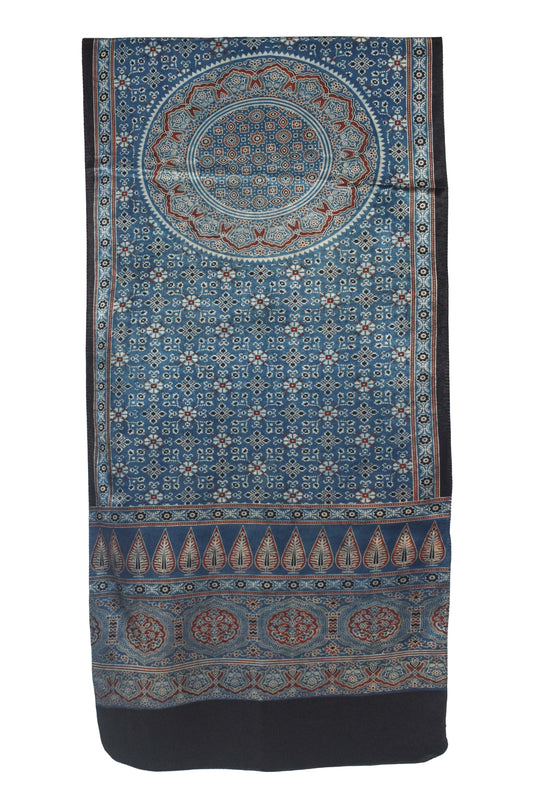 Ajrakh Mashru Silk Natural Dye Three Colour Print | 3 Kam | Screen Hand Printed Stole  - 2.1 Mtr Length   -  SKU : JH29701C