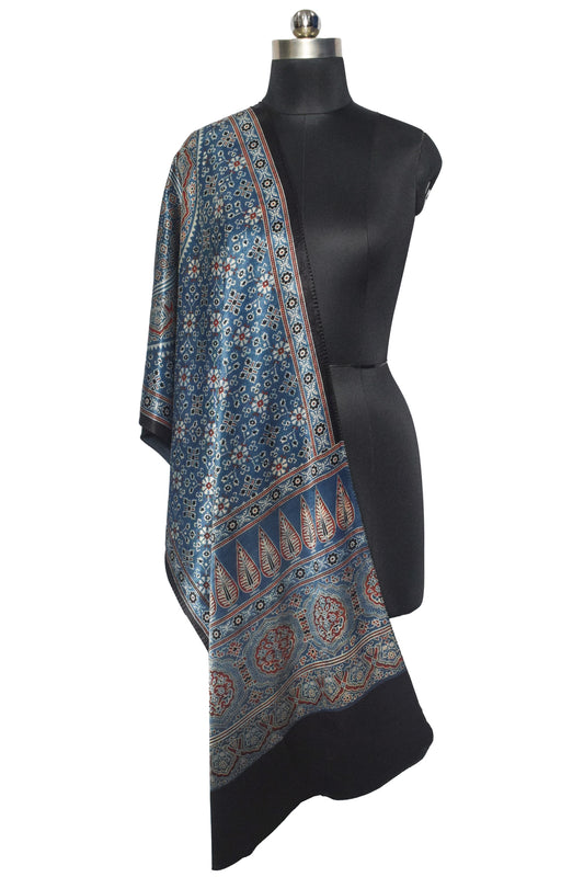 Ajrakh Mashru Silk Natural Dye Three Colour Print | 3 Kam | Screen Hand Printed Stole  - 2.1 Mtr Length   -  SKU : JH29701C