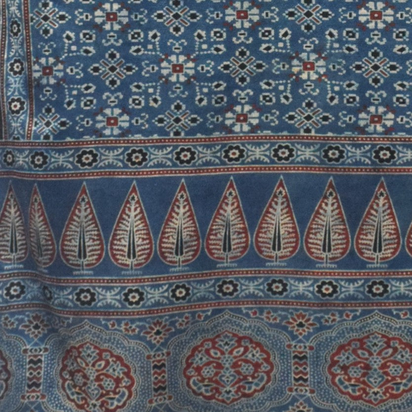 Ajrakh Mashru Silk Natural Dye Three Colour Print | 3 Kam | Screen Hand Printed Stole  - 2.1 Mtr Length   -  SKU : JH29701C