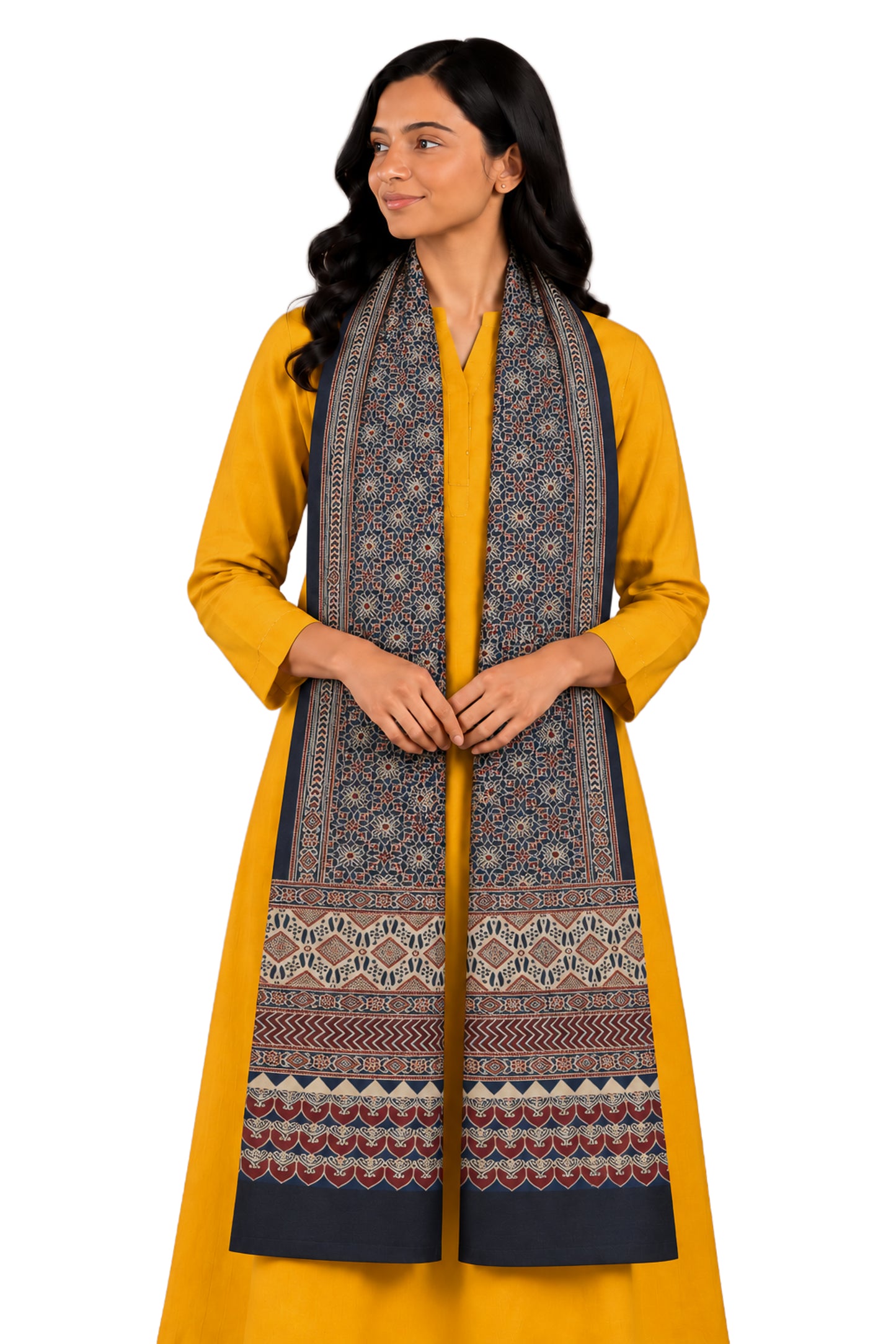 Ajrakh Mashru Silk Natural Dye Three Colour Print | 3 Kam | Screen Hand Printed Stole  - 2.1 Mtr Length   -  SKU : JH29701J