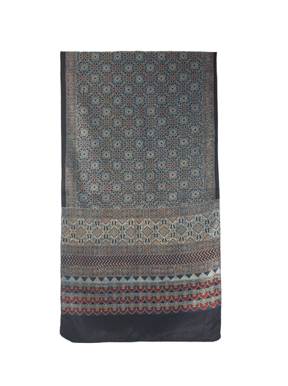 Ajrakh Mashru Silk Natural Dye Three Colour Print | 3 Kam | Screen Hand Printed Stole  - 2.1 Mtr Length   -  SKU : JH29701J