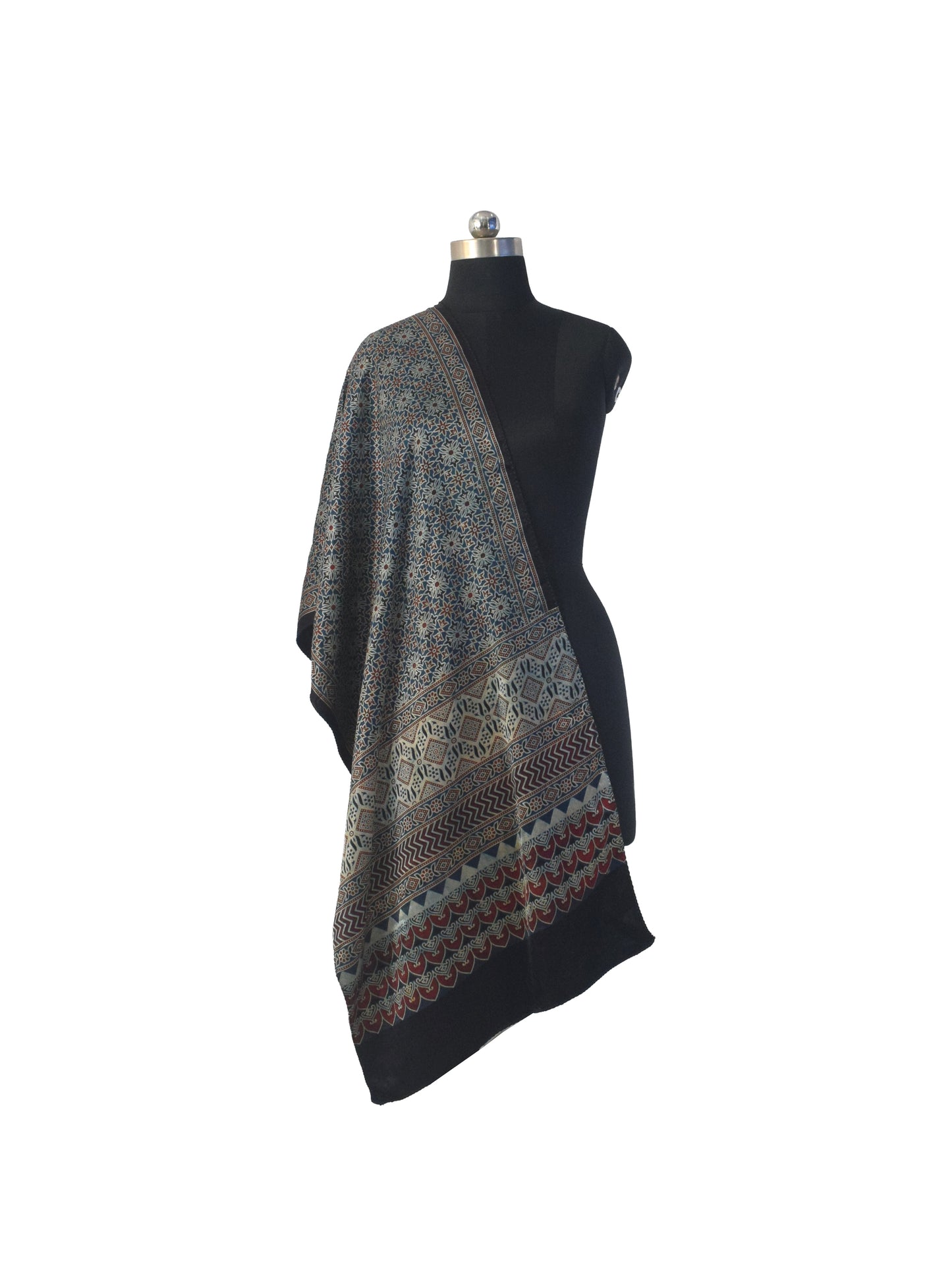 Ajrakh Mashru Silk Natural Dye Three Colour Print | 3 Kam | Screen Hand Printed Stole  - 2.1 Mtr Length   -  SKU : JH29701J