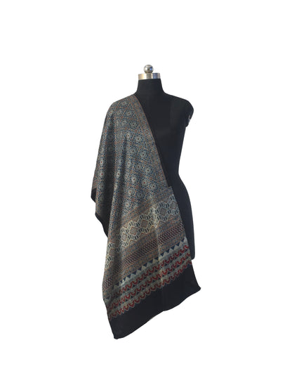 Ajrakh Mashru Silk Natural Dye Three Colour Print | 3 Kam | Screen Hand Printed Stole  - 2.1 Mtr Length   -  SKU : JH29701J