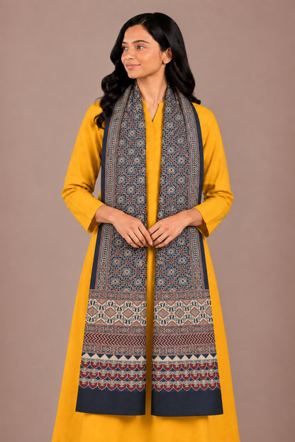 Ajrakh Mashru Silk Natural Dye Three Colour Print | 3 Kam | Screen Hand Printed Stole  - 2.1 Mtr Length   -  SKU : JH29701J