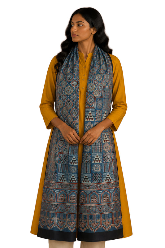 Ajrakh Mashru Silk Natural Dye Three Colour Print | 3 Kam | Screen Hand Printed Stole  - 2.1 Mtr Length   -  SKU : JH29701K