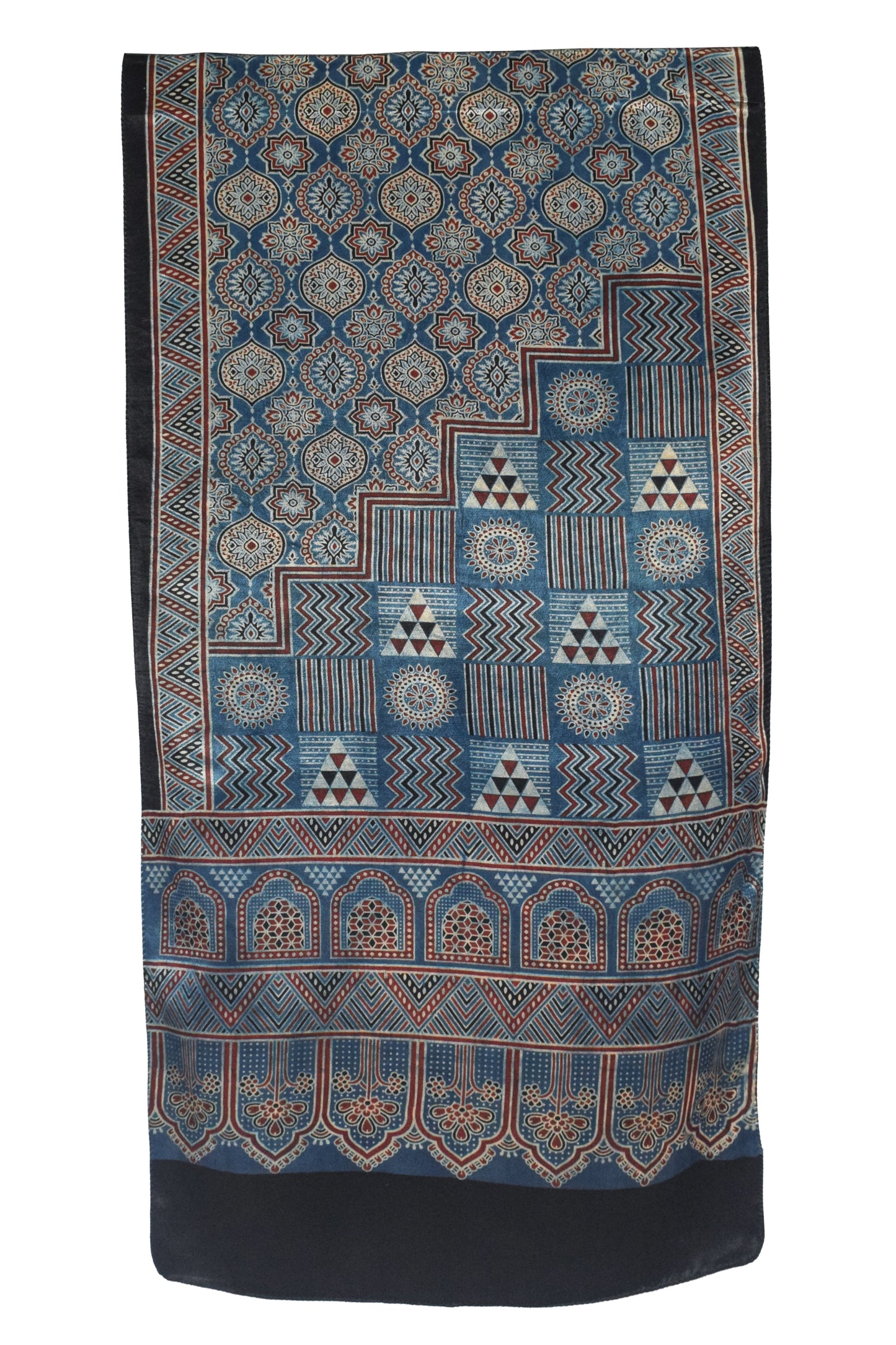 Ajrakh Mashru Silk Natural Dye Three Colour Print | 3 Kam | Screen Hand Printed Stole  - 2.1 Mtr Length   -  SKU : JH29701K