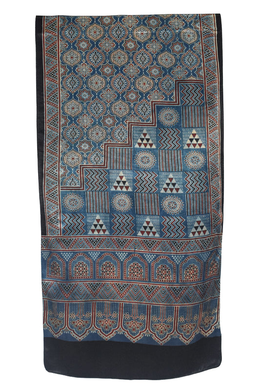 Ajrakh Mashru Silk Natural Dye Three Colour Print | 3 Kam | Screen Hand Printed Stole  - 2.1 Mtr Length   -  SKU : JH29701K