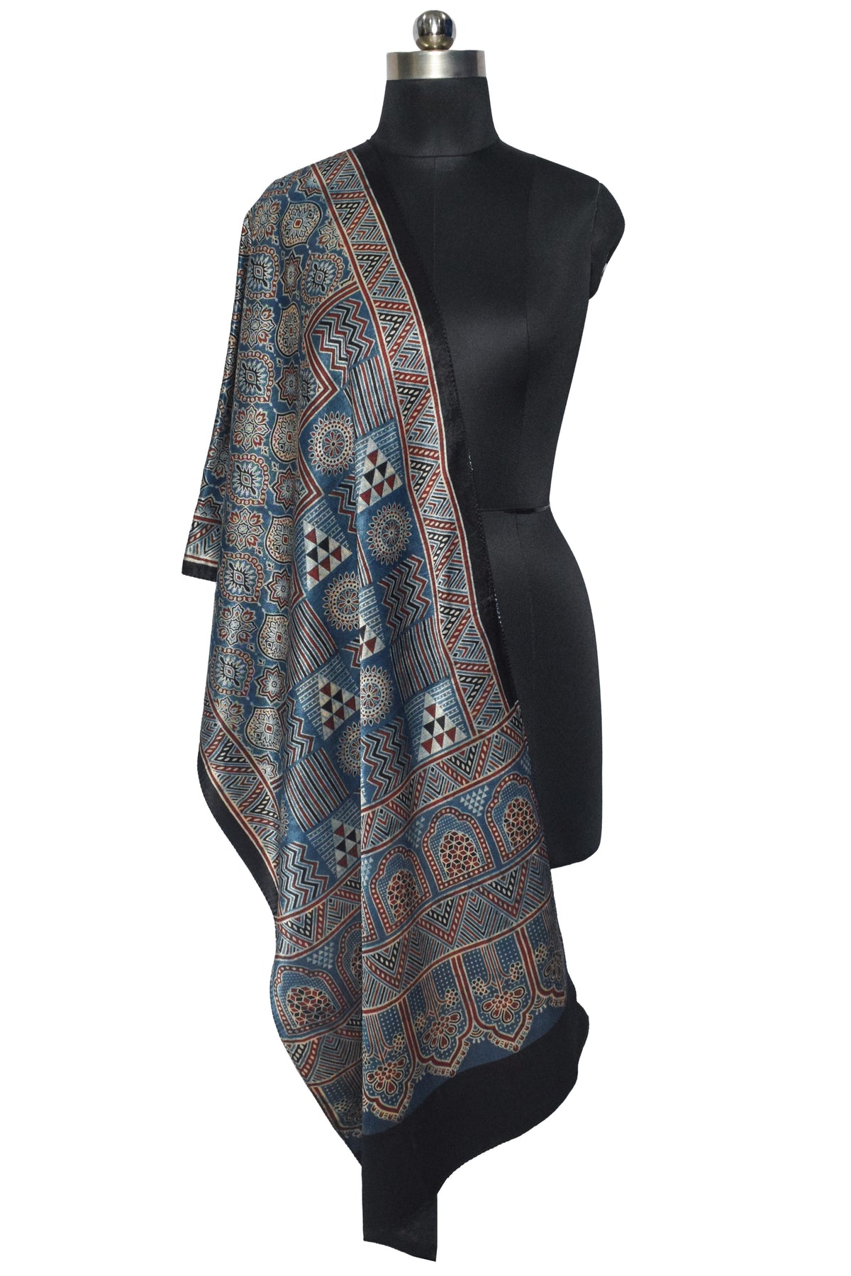 Ajrakh Mashru Silk Natural Dye Three Colour Print | 3 Kam | Screen Hand Printed Stole  - 2.1 Mtr Length   -  SKU : JH29701K