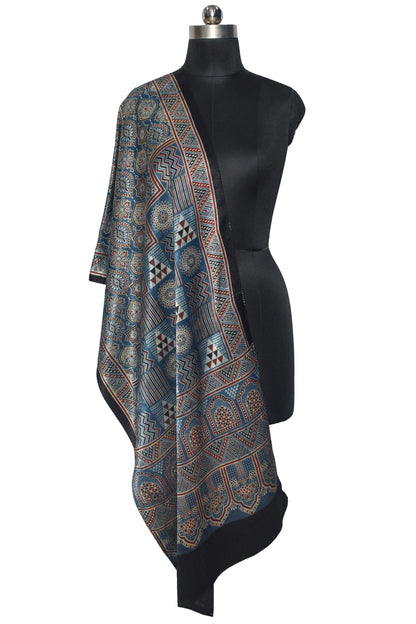 Ajrakh Mashru Silk Natural Dye Three Colour Print | 3 Kam | Screen Hand Printed Stole  - 2.1 Mtr Length   -  SKU : JH29701K