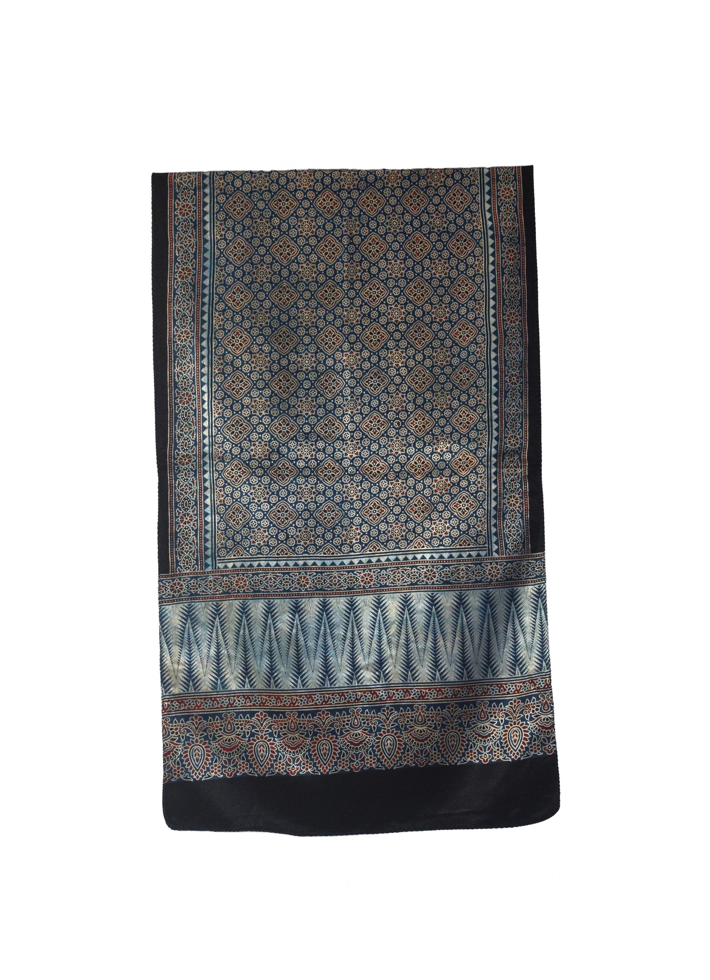 Ajrakh Mashru Silk Natural Dye Three Colour Print | 3 Kam | Screen Hand Printed Stole  - 2.1 Mtr Length   -  SKU : JH29701R