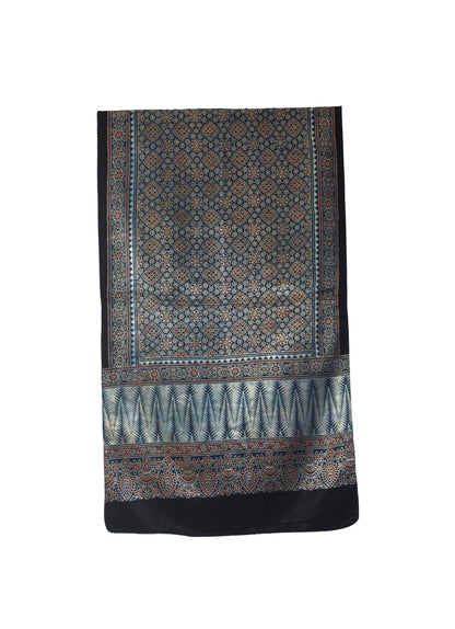 Ajrakh Mashru Silk Natural Dye Three Colour Print | 3 Kam | Screen Hand Printed Stole  - 2.1 Mtr Length   -  SKU : JH29701R