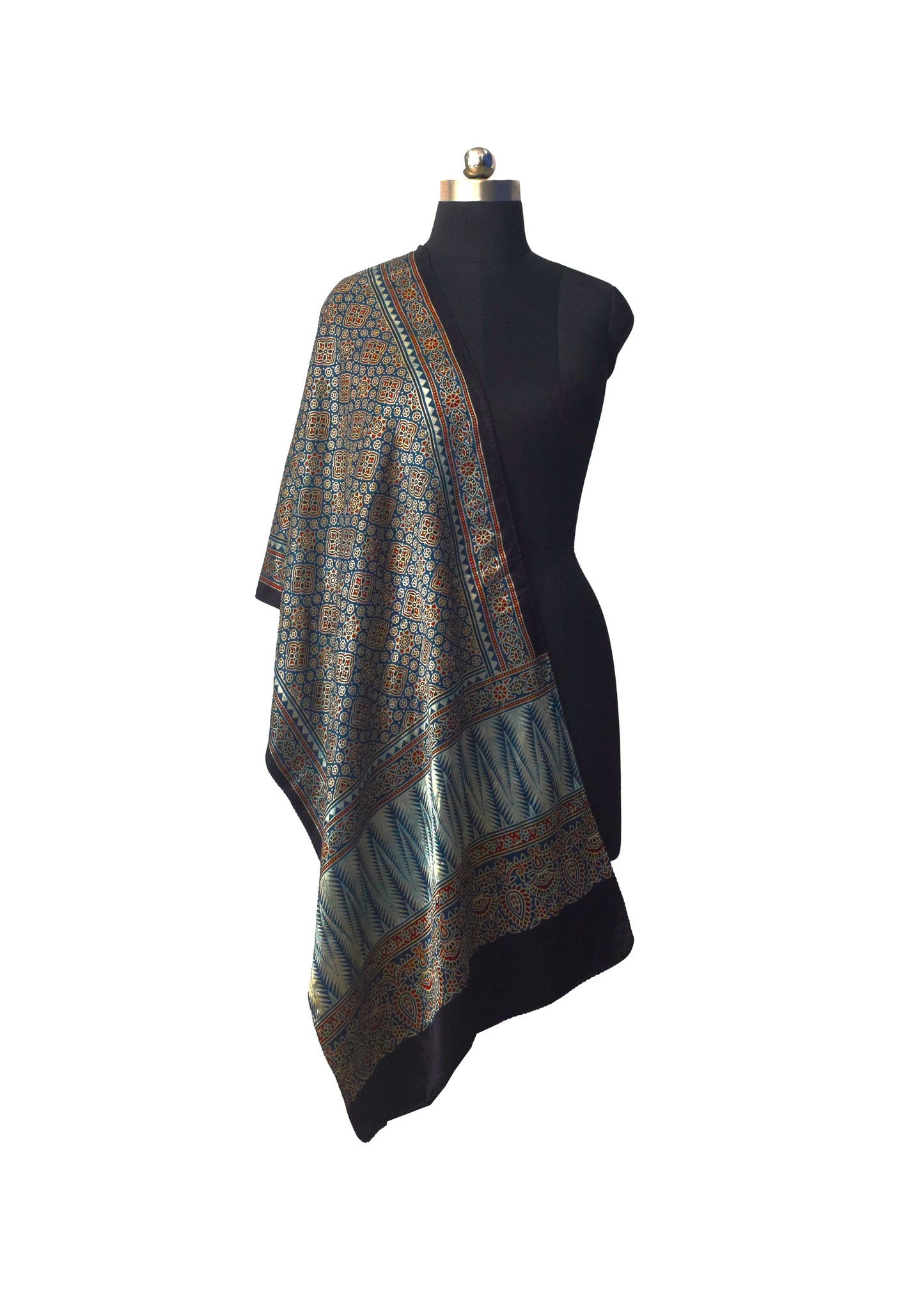 Ajrakh Mashru Silk Natural Dye Three Colour Print | 3 Kam | Screen Hand Printed Stole  - 2.1 Mtr Length   -  SKU : JH29701R