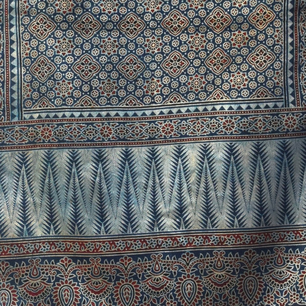 Ajrakh Mashru Silk Natural Dye Three Colour Print | 3 Kam | Screen Hand Printed Stole  - 2.1 Mtr Length   -  SKU : JH29701R