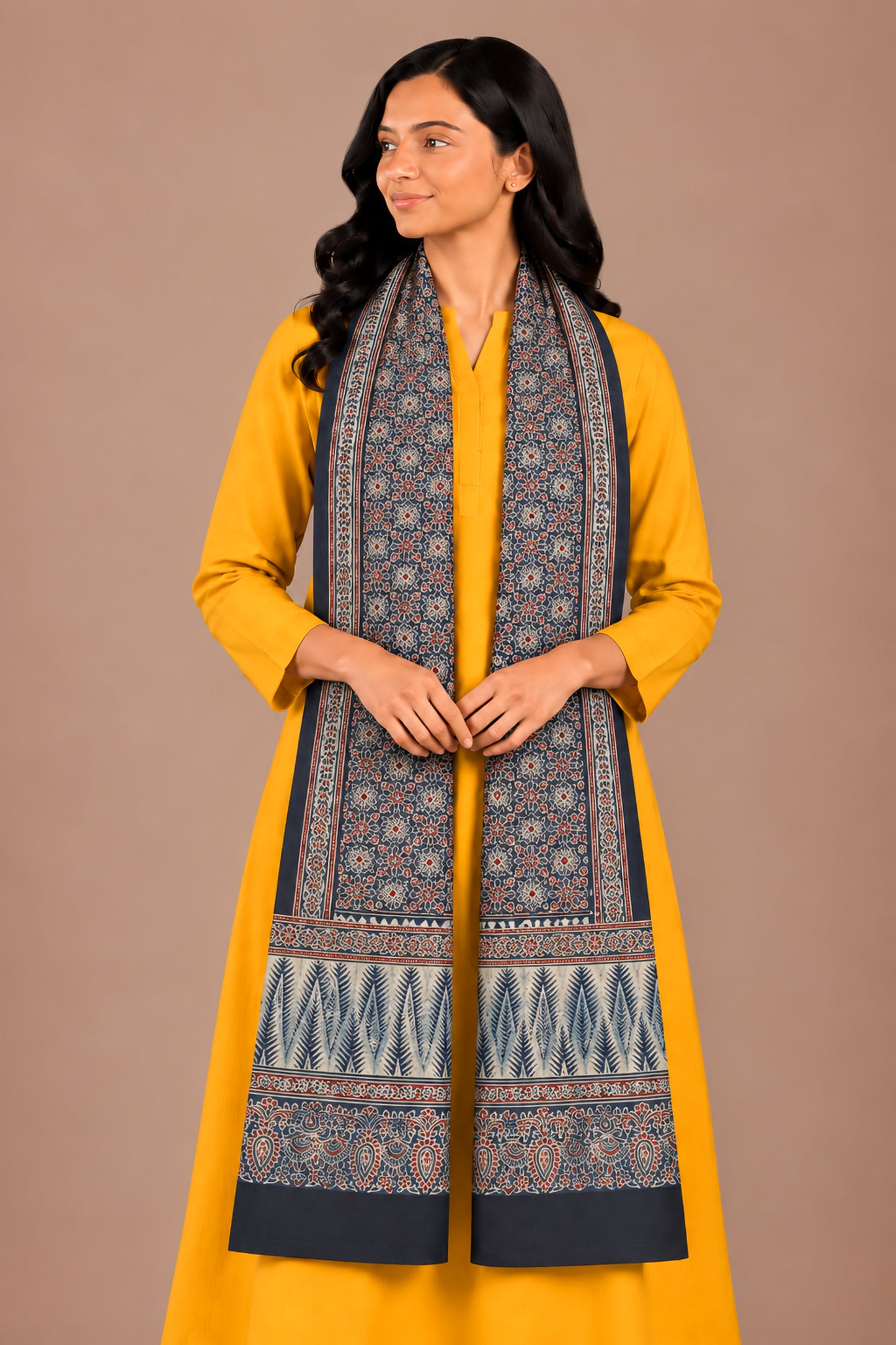 Ajrakh Mashru Silk Natural Dye Three Colour Print | 3 Kam | Screen Hand Printed Stole  - 2.1 Mtr Length   -  SKU : JH29701R