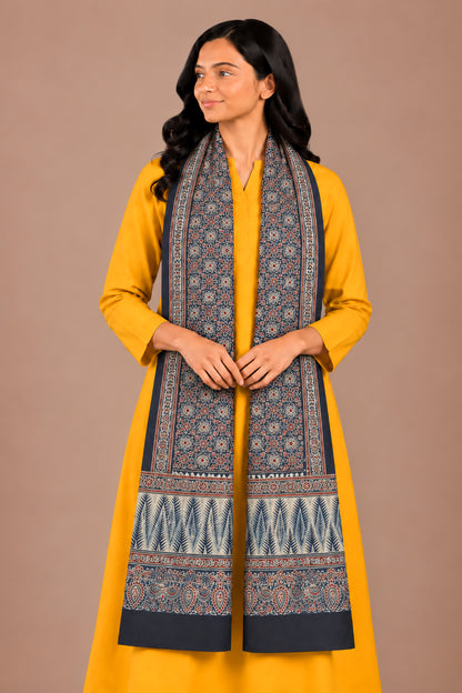 Ajrakh Mashru Silk Natural Dye Three Colour Print | 3 Kam | Screen Hand Printed Stole  - 2.1 Mtr Length   -  SKU : JH29701R