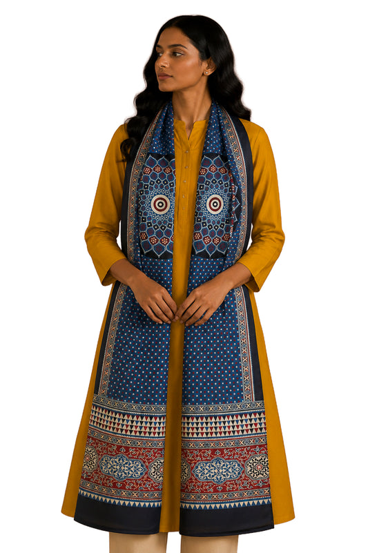 Ajrakh Mashru Silk Natural Dye Three Colour Print | 3 Kam | Screen Hand Printed Stole  - 2.1 Mtr Length   -  SKU : JH2970AB