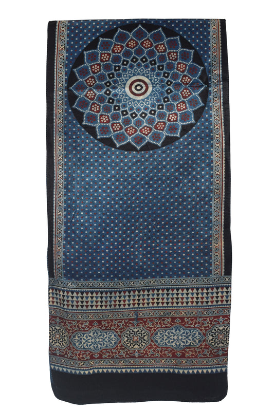 Ajrakh Mashru Silk Natural Dye Three Colour Print | 3 Kam | Screen Hand Printed Stole  - 2.1 Mtr Length   -  SKU : JH2970AB