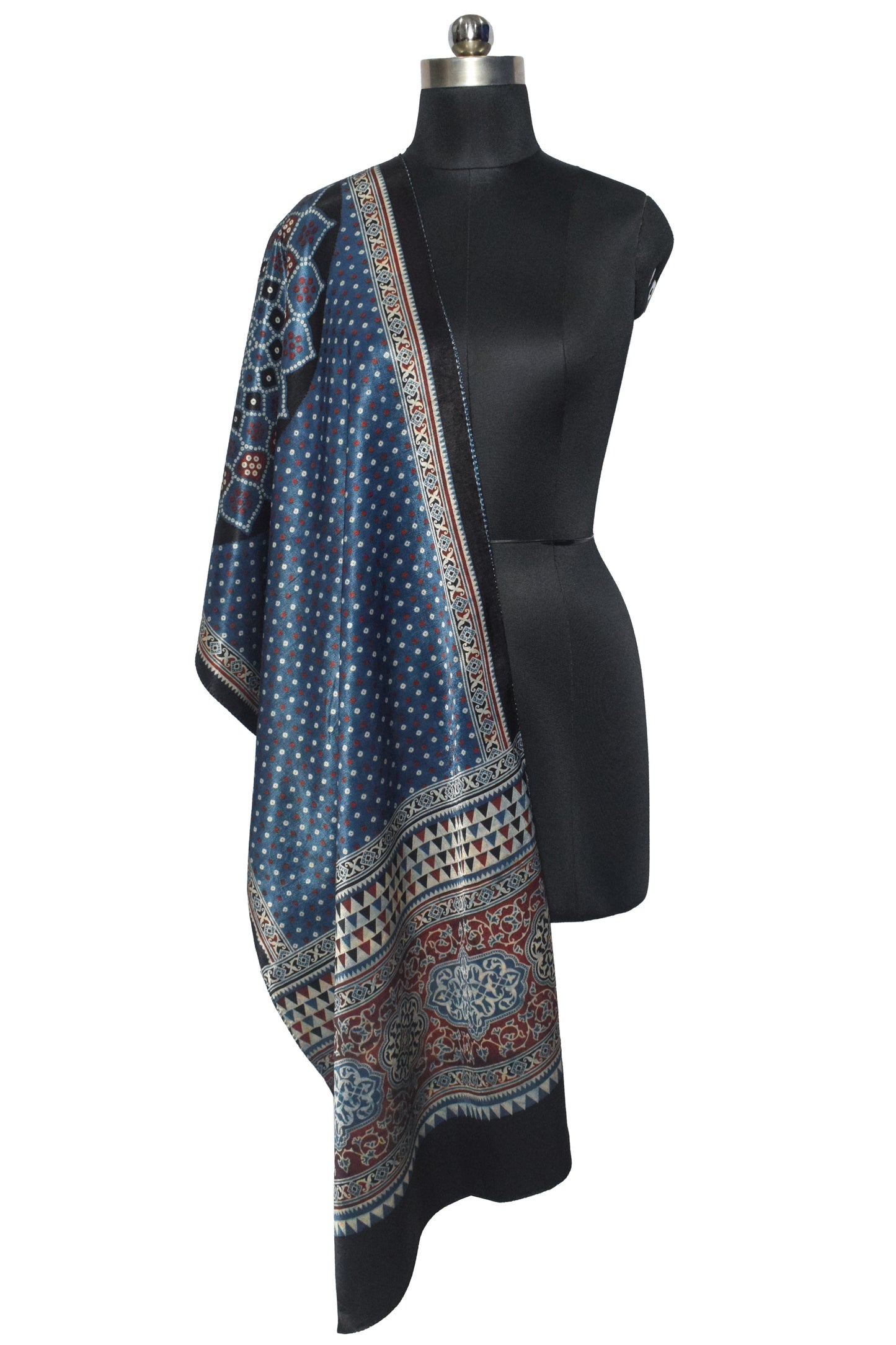 Ajrakh Mashru Silk Natural Dye Three Colour Print | 3 Kam | Screen Hand Printed Stole  - 2.1 Mtr Length   -  SKU : JH2970AB