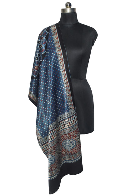 Ajrakh Mashru Silk Natural Dye Three Colour Print | 3 Kam | Screen Hand Printed Stole  - 2.1 Mtr Length   -  SKU : JH2970AB