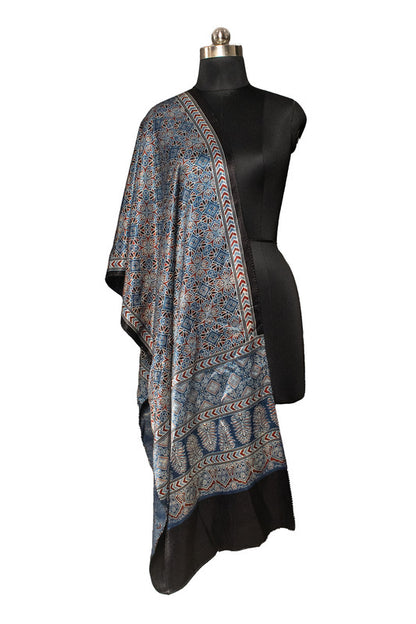 Ajrakh Mashru Silk Natural Dye Screen Print Hand Printed Stole With Tassels     -  SKU : ID06702D