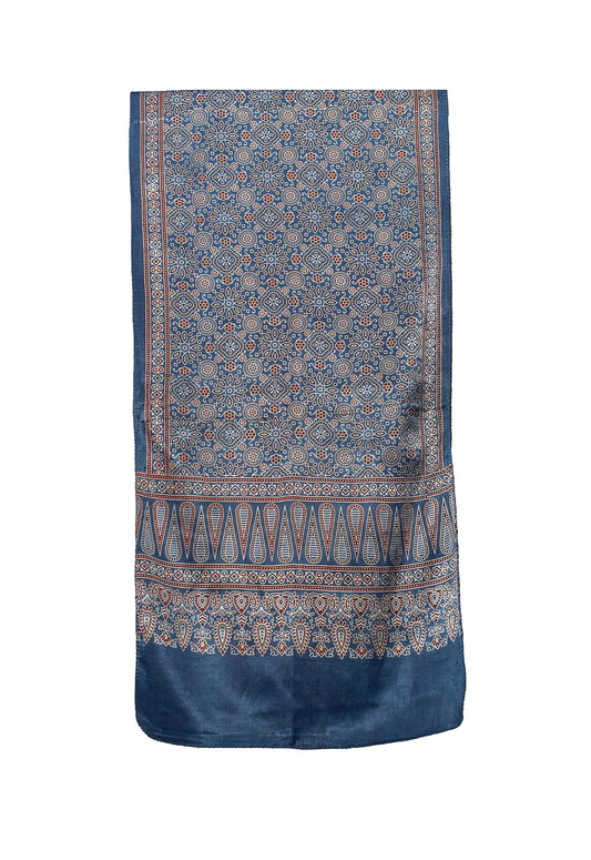 Ajrakh Mashru Silk Natural Dye Screen Print Hand Printed Stole  - 2.1 Mtr Length    -  SKU : ID10A02D