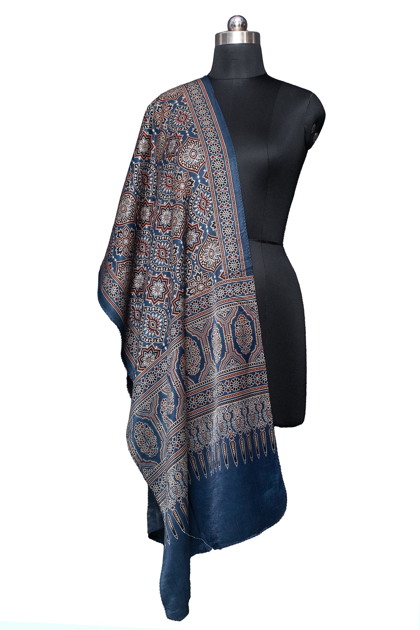 Ajrakh Mashru Silk Natural Dye Screen Print Hand Printed Stole  - 2.1 Mtr Length    -  SKU : ID10A02H