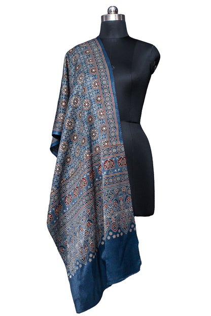 Ajrakh Mashru Silk Natural Dye Screen Print Hand Printed Stole  - 2.1 Mtr Length    -  SKU : ID10A02L