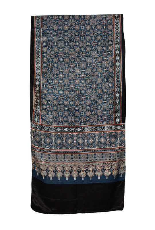 Ajrakh Mashru Silk Natural Dye Screen Print Hand Printed Stole With Tassels     -  SKU : ID22701F